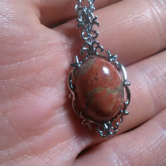 Unakite Silvertone Pendant Stainless Steel Necklace - Picture 10 of 12